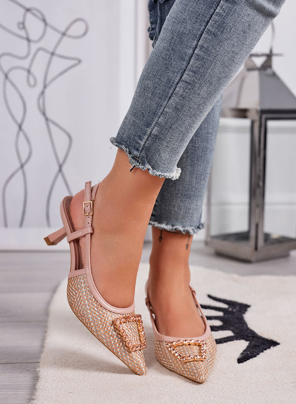 NAIMA - Décolleté nude slingback de tejido trenzado con hebilla joya