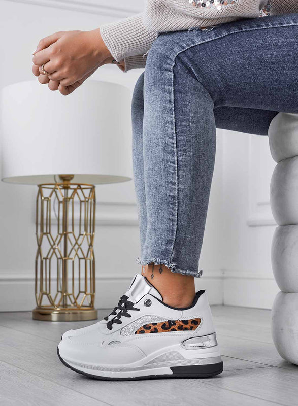 White sneakers with glitter and animal print inserts