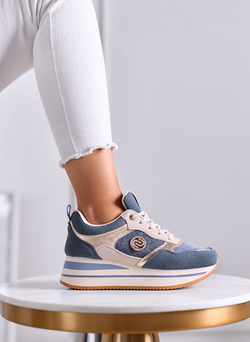 SABINA - Blue Platform Sneakers with Gold Laminated Inserts