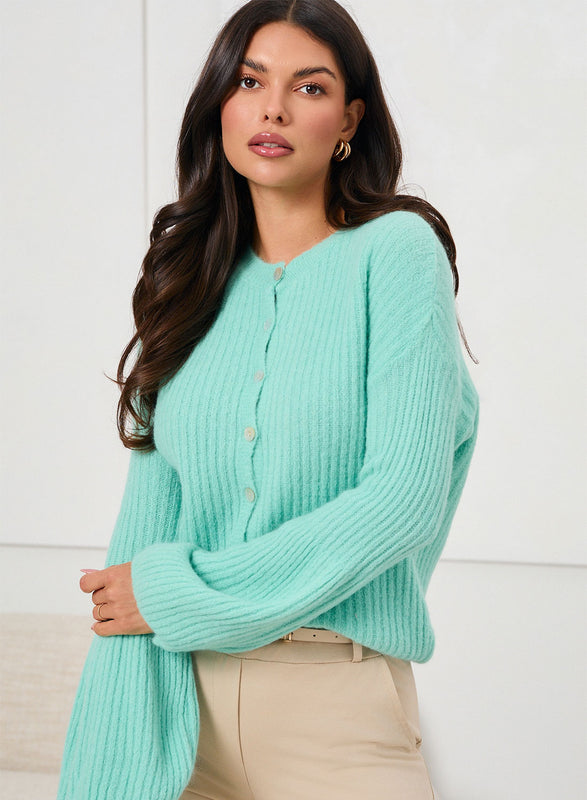 Ribbed Aqua Green Cardigan with Buttons and Soft Sleeves