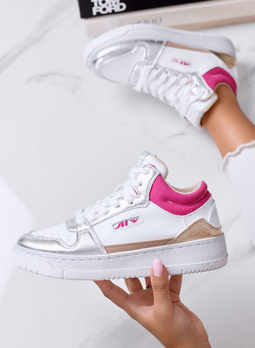 ENRICA - White Sneakers with Metallic Silver Details and Platform Sole