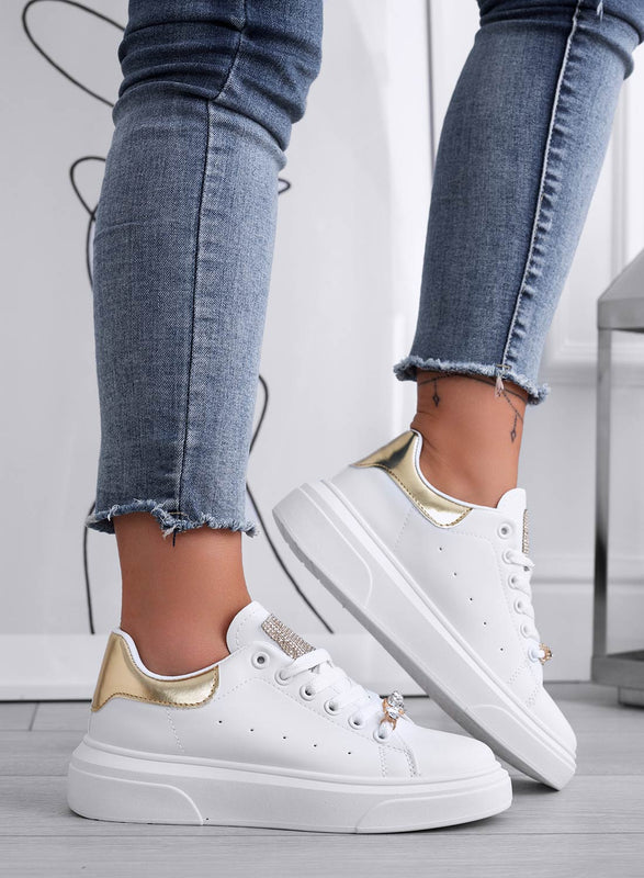 ANDREINA - White sneakers with jewel appliqué and gold heel