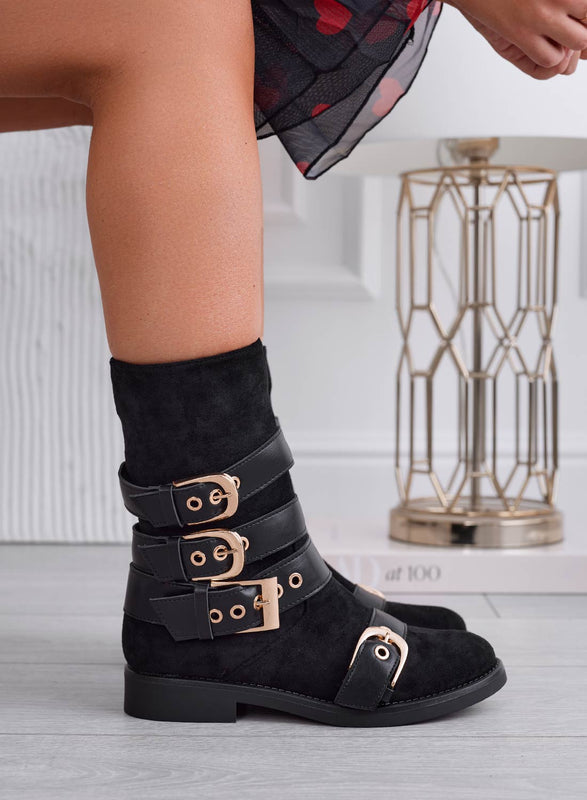 SABINA - Black suede ankle boots with gold buckles