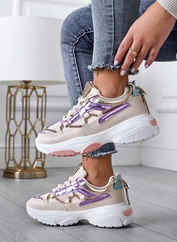 Beige sneakers with thick sole and rhinestones