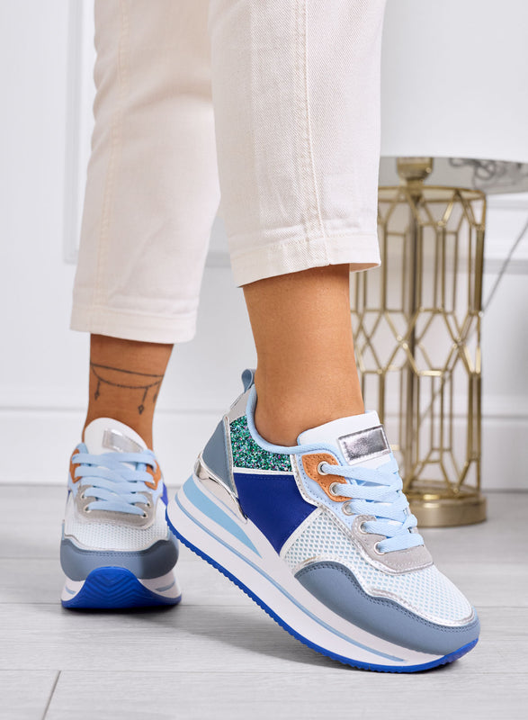VALDA - Blue sneakers with thick sole and glitter inserts