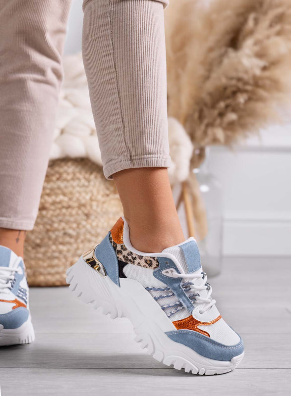 PARKER - Zapatillas azules para mujer con suela alta e inserciones multicolor estilo denim