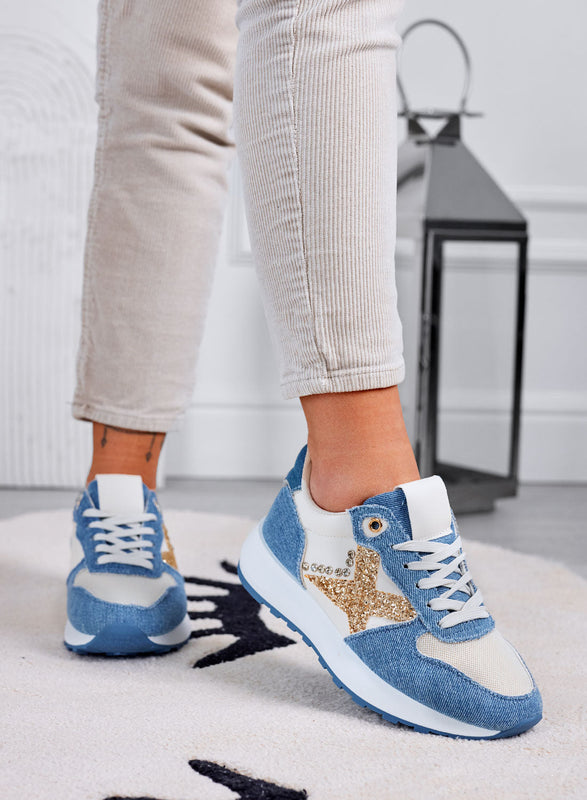 ARISA - Zapatillas azul jeans con glitter dorado y strass