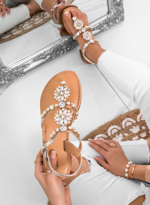 GIULY - Sandalias tipo flip-flop joya plateadas con piedras iridiscentes