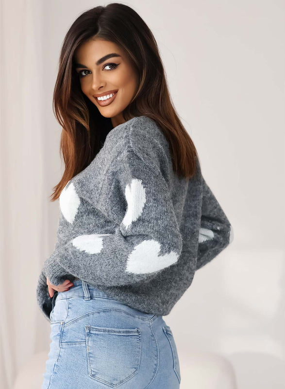 Gray sweater with white hearts