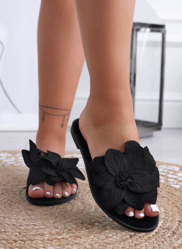 MELODY - Black slide sandals with applied flower