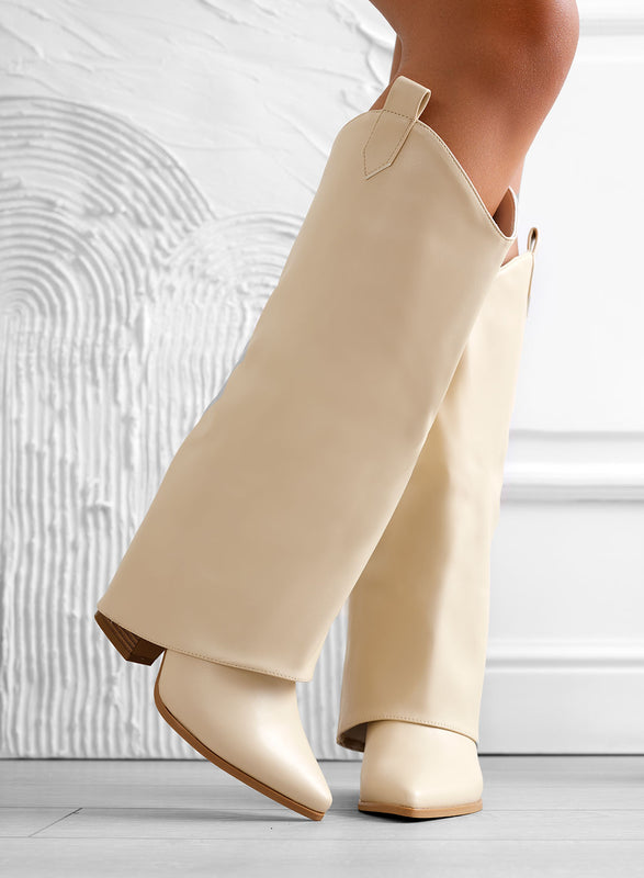 DILETTA - Beige camper boots with cuff and high heel
