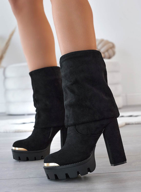 JOSEPH - Black suede boots with cuff and gold plate