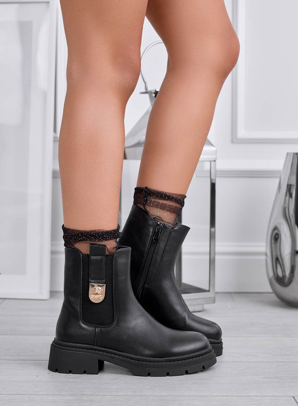 EMILIANA - Botines negros con resorte lateral y aplicación dorada