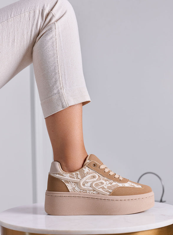 SHARON - Sneakers Donna camel con Pizzo e Suola Platform