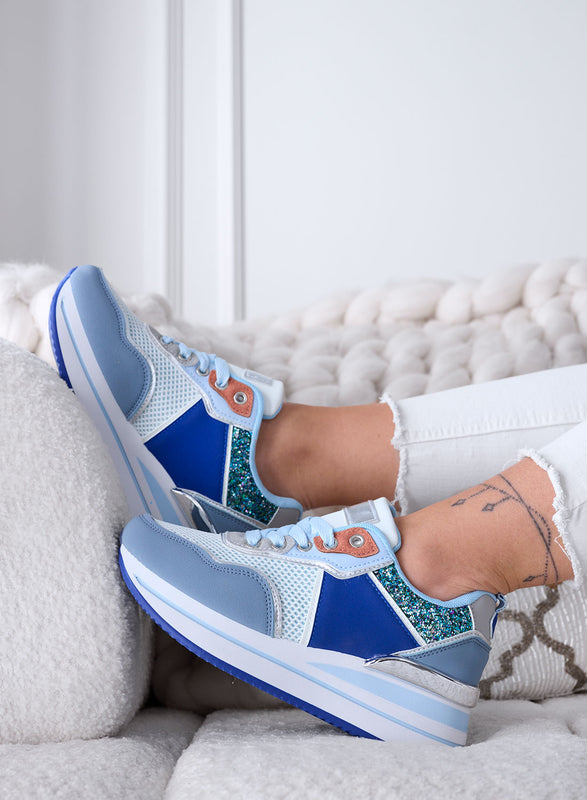 VALDA - Baskets bleues à semelle épaisse et inserts pailletés