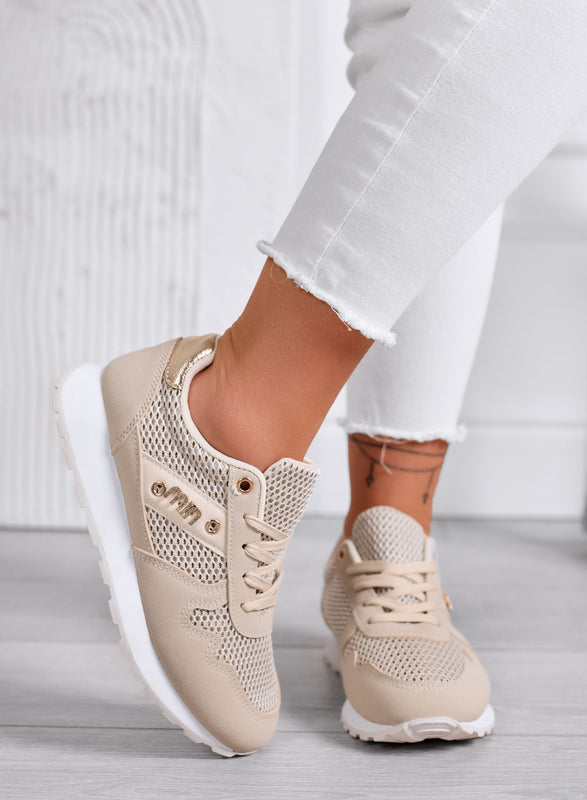 ARMIDA - Zapatillas Beige Deportivas con Insertos en Tejido y Detalles en Oro