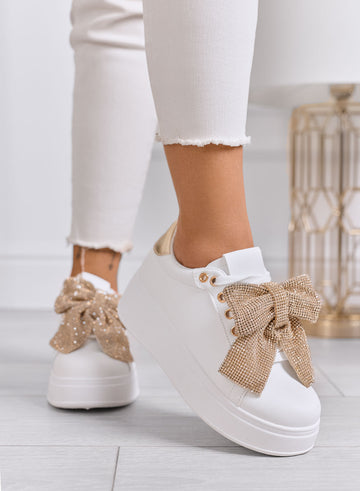 BELGA - White sneakers with gold rhinestone bow