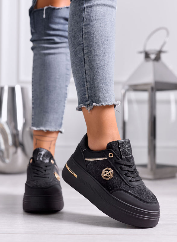 CARLA - Sneakers Nere Platform con Dettagli Oro e Glitter