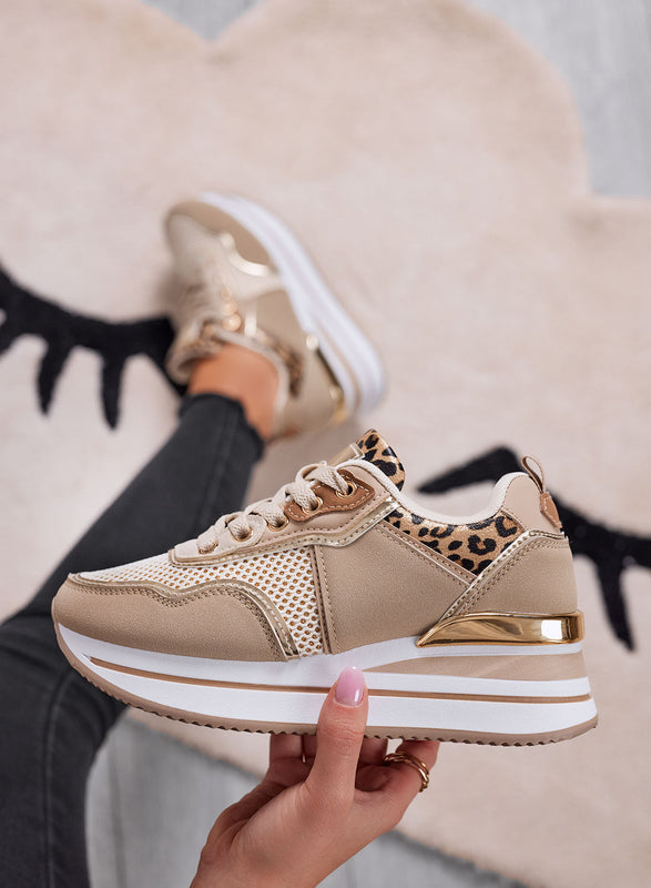 VALDA - Zapatillas marrón con suela gruesa e insertos de leopardo y dorados