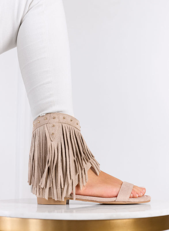 RACHELE - Beige sandals with Fringes and Studs
