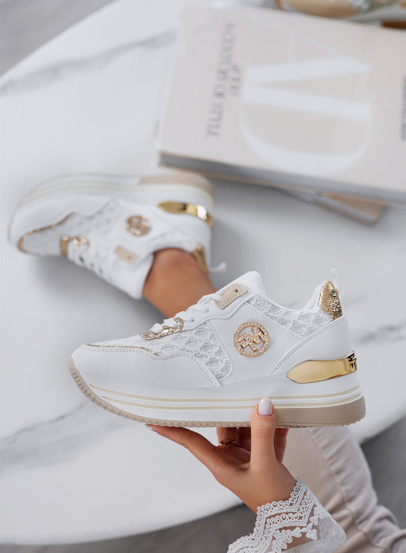 WALKER - Zapatillas de mujer blancas con detalles dorados y diseño de malla