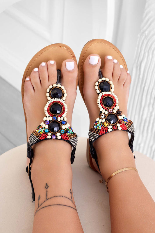 BORA - Sandalias planas de dedo negras con piedras multicolor