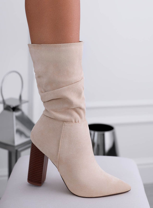 NALA - Botines de ante beige con tacón efecto madera