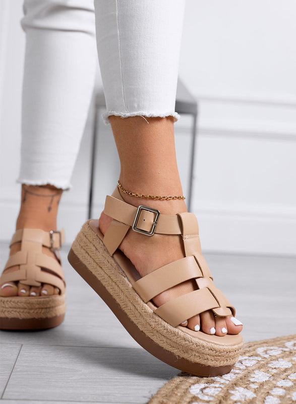 SHELLY - Sandalias beige tipo plataforma con tiras anchas y suela de cuerda