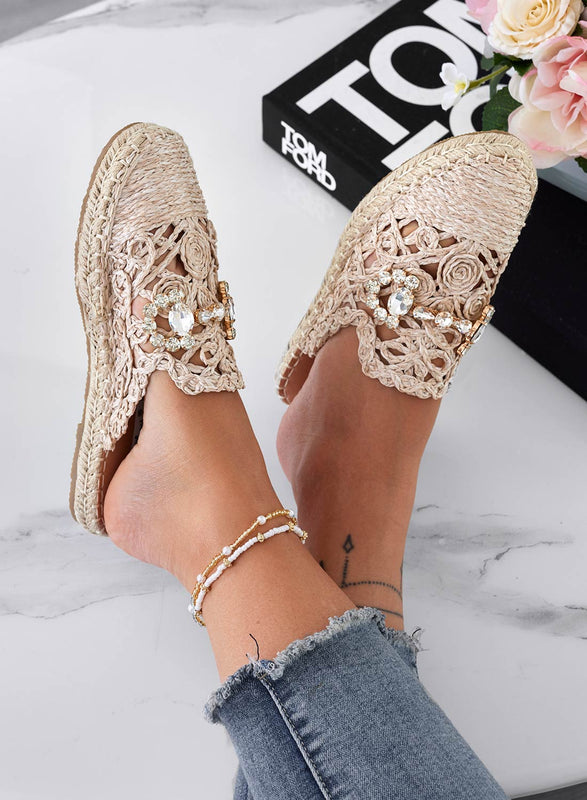 Espadrilles beige sabot brodées avec application bijou