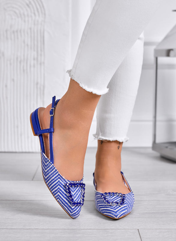 JONES - Blue slingback ballet flats with V-shaped toe and jeweled buckle