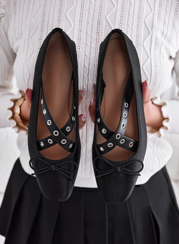 Black satin ballet flats with straps