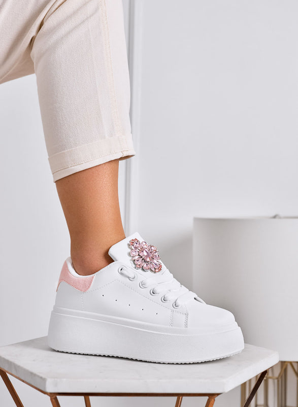 RONNIE - Zapatillas blancas con plataforma y maxi flor joya rosa
