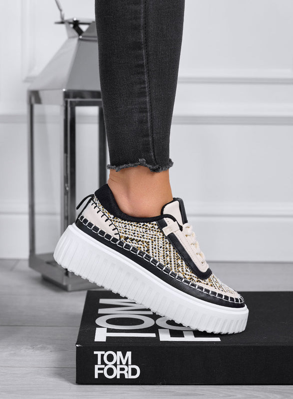 NUNZIA - Zapatillas negras con insertos en tejido laminado dorado