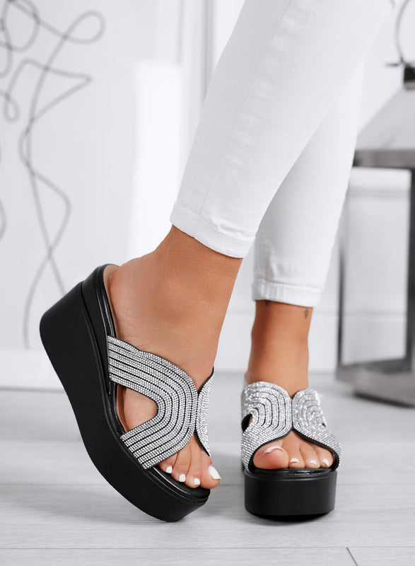JAMES - Sandalias tipo sabot negras para mujer con cuña y strass