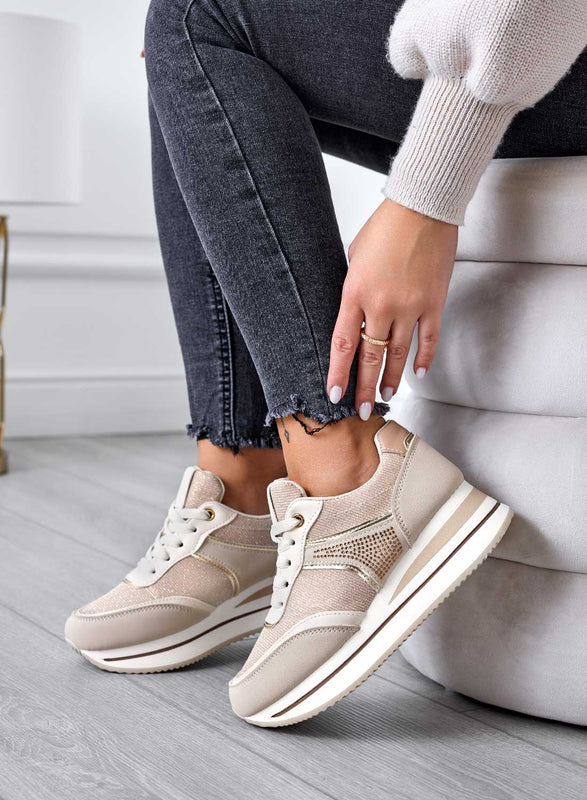 Sneakers beige con inserti glitter