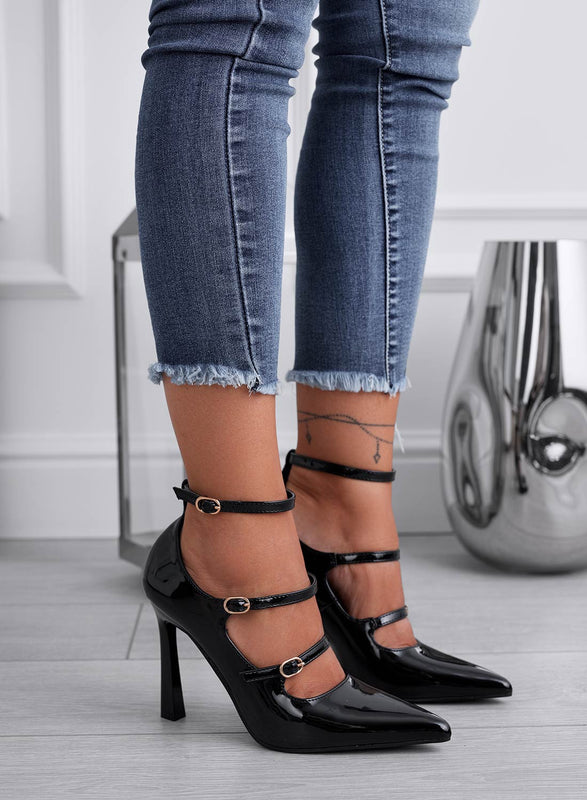 ROBERTA - Zapatos de tacón negros de charol con hebillas