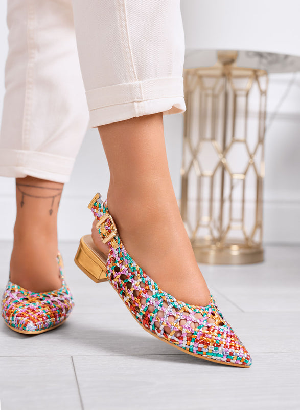 VILDAN - Bailarinas slingback multicolor trenzadas con tacón bajo dorado