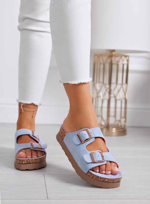 INES - Sandalias Zapatillas azules de ante con hebillas y suela cómoda de corcho