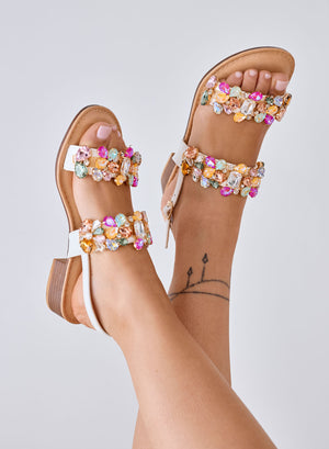 DIAMOND - Low white sandals with multicolor jewel stones and ankle strap (CHANGE PHOTO)