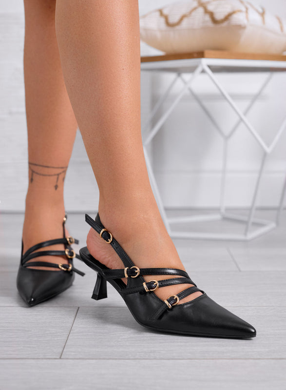 FAUSTA - Zapatos de tacón negros slingback con tiras finas y tacón de barril