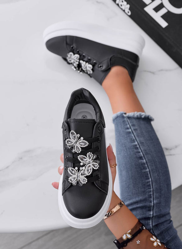 IRENE - Black sneakers with silver jeweled butterfly appliqué