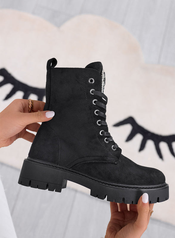 BRIGITTE - Black combat ankle boots with jeweled heart