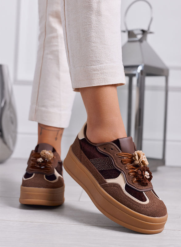 CLOE - Sneakers Donna marroni con Fiori e Suola Platform