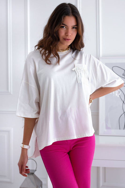 Maxi camiseta blanca con flecos reflejos multicolor