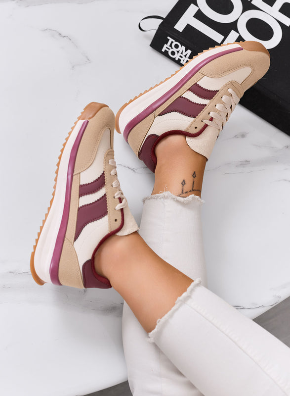 BIELLA - Mud-colored fabric sneakers with burgundy details and rubber sole