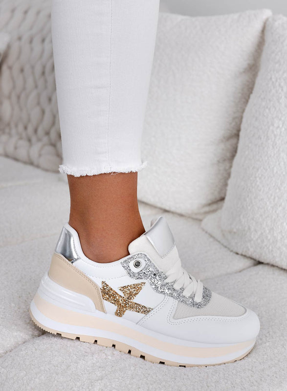 TYLER - Baskets blanches avec empiècements pailletés or et argent