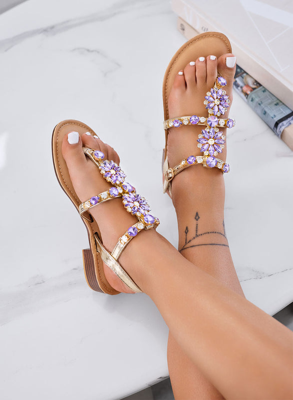 GIULY - Sandalias doradas planas con piedras de joya moradas