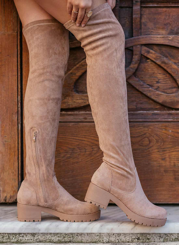 GLORIA - Botas beige de ante hasta el muslo