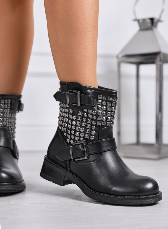 MAXIM - Botines negros estilo biker con tachuelas