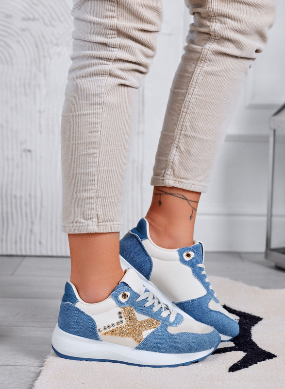 ARISA - Zapatillas azul jeans con glitter dorado y strass